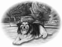 Load image into Gallery viewer, Black & white animal portrait - Dog drawn on field with trees - drawings and portraits from your photos - drawking.com - DrawKing