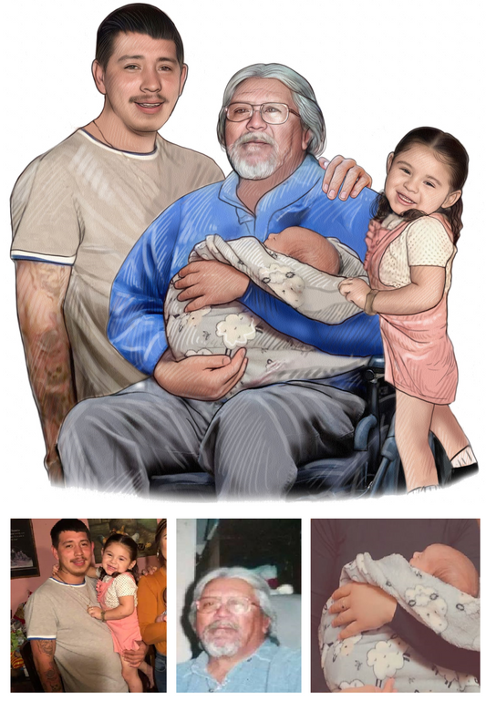 Custom colour portrait drawing of a family from photos by DrawKing
