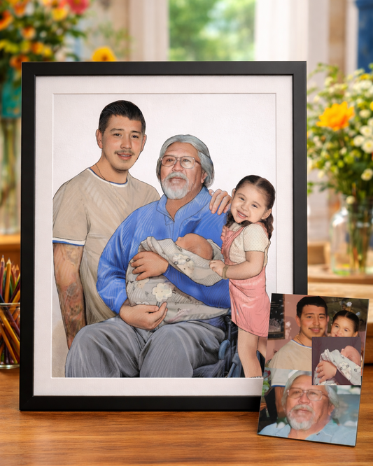 DrawKing custom color family portrait of grandfather father and children drawn from photos