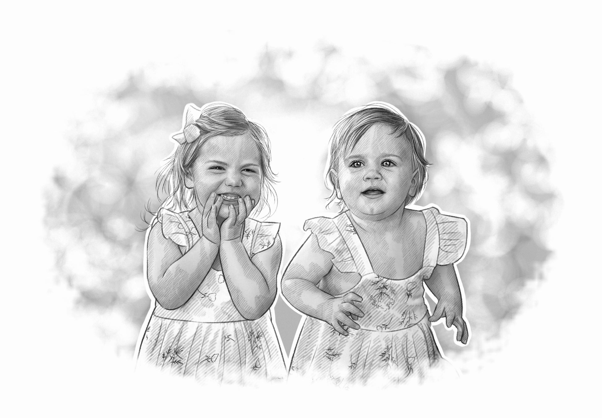 Black and white portrait - Twin sisters drawn together  - Black & white portrait - drawings and portraits from your photos - drawking.com - DrawKing