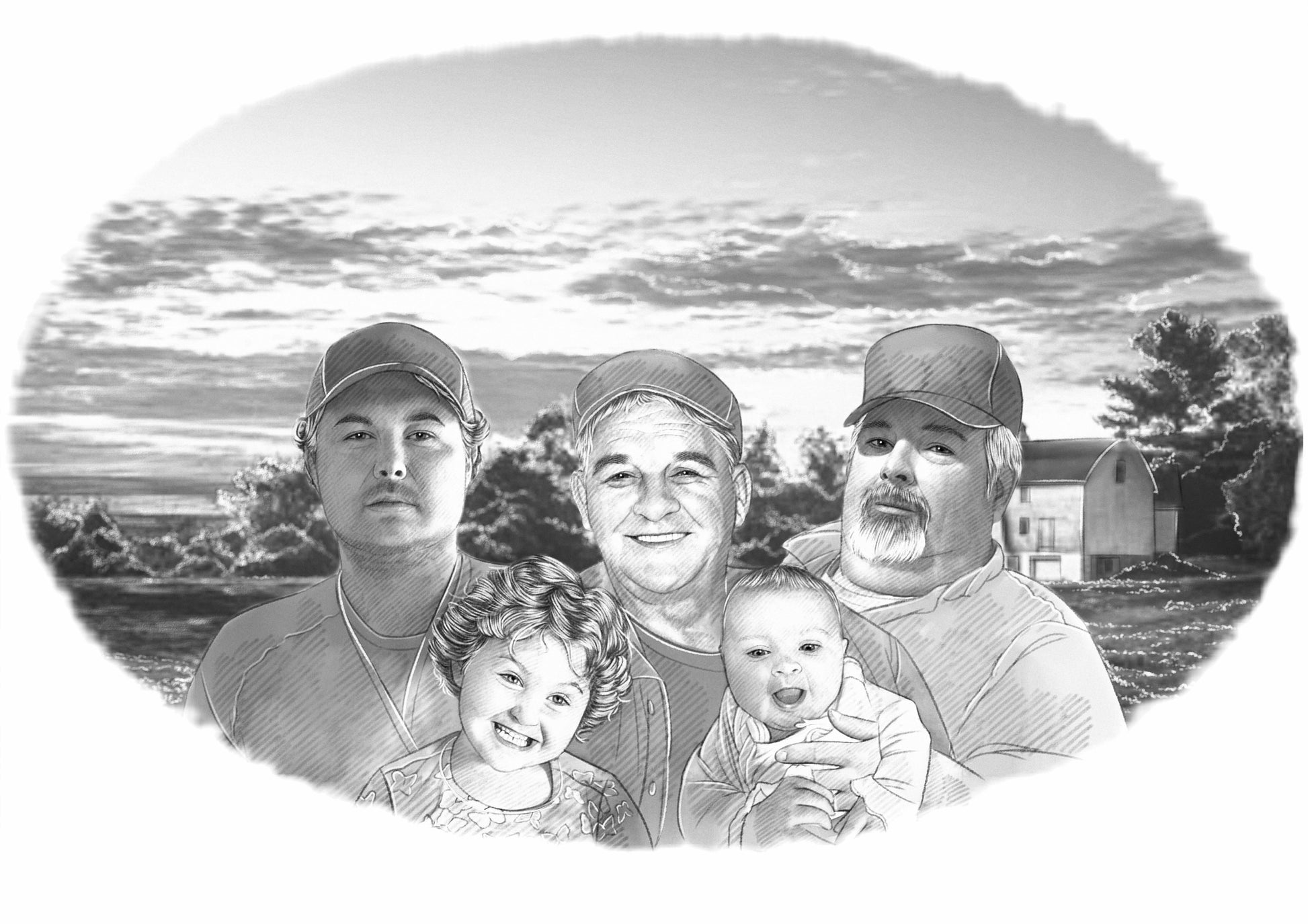 Black and white portrait with background -Family drawing with country scene - Black & white portrait - drawings and portraits from your photos - drawking.com - DrawKing